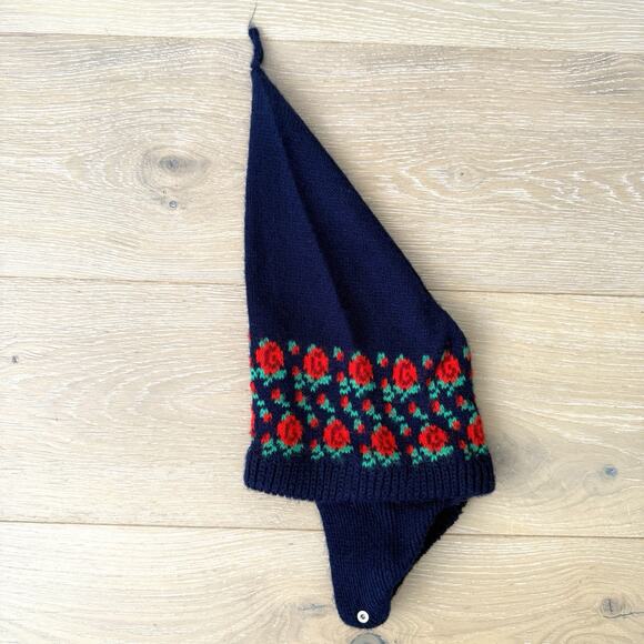 Vintage Baby Navy Blue Red Rose Print Knit Winter Elf Hat Size 0-6 Mo. - Picture 6 of 6